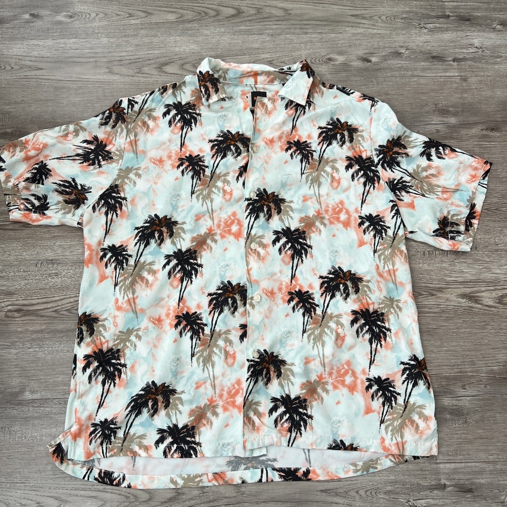 Hugo Boss Rayer Palms Camp Shirt Mens XL Regular Fit Viscose Palm Tree